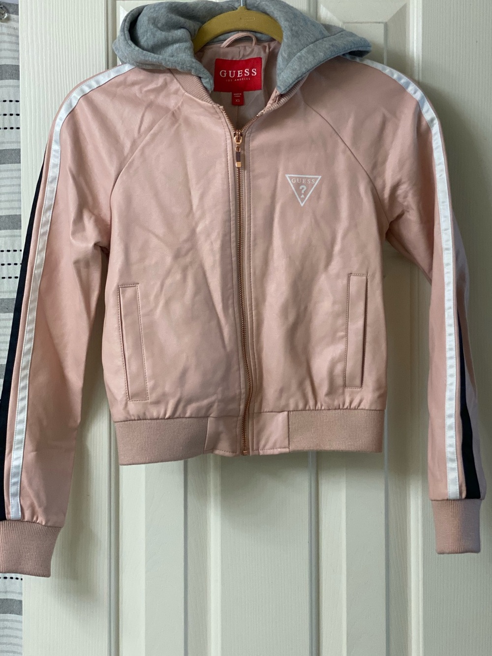 GUESS Pleather Pink Hooded Bomber Stripe-Detail Sleeve Removable Hood Size XS